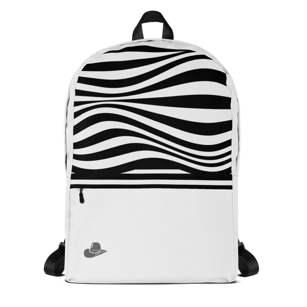 A white backpack featuring a bold black wavy stripe pattern across the upper half, with a white lower half, black side straps, and a small gray cowboy hat logo near the bottom left.
