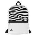 A white backpack featuring a bold black wavy stripe pattern across the upper half, with a white lower half, black side straps, and a small gray cowboy hat logo near the bottom left.