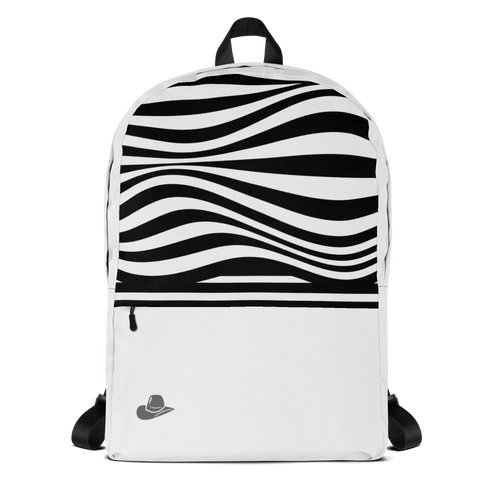 A white backpack featuring a bold black wavy stripe pattern across the upper half, with a white lower half, black side straps, and a small gray cowboy hat logo near the bottom left.