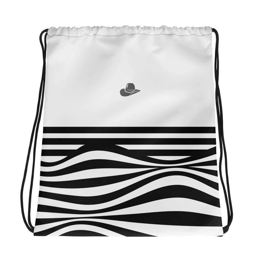 A white drawstring backpack featuring a black and white horizontal striped wavy pattern on the lower half and a small gray cowboy hat logo on the upper right.