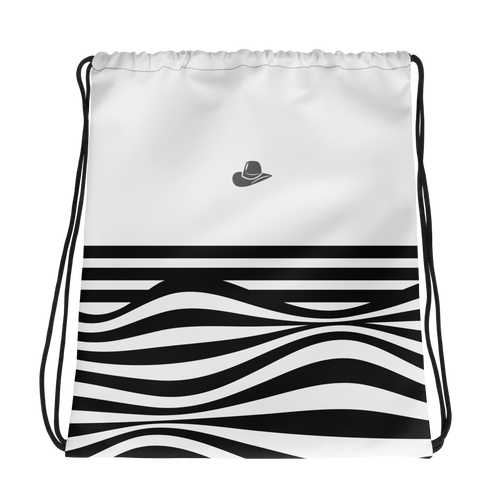 A white drawstring backpack featuring a black and white horizontal striped wavy pattern on the lower half and a small gray cowboy hat logo on the upper right.