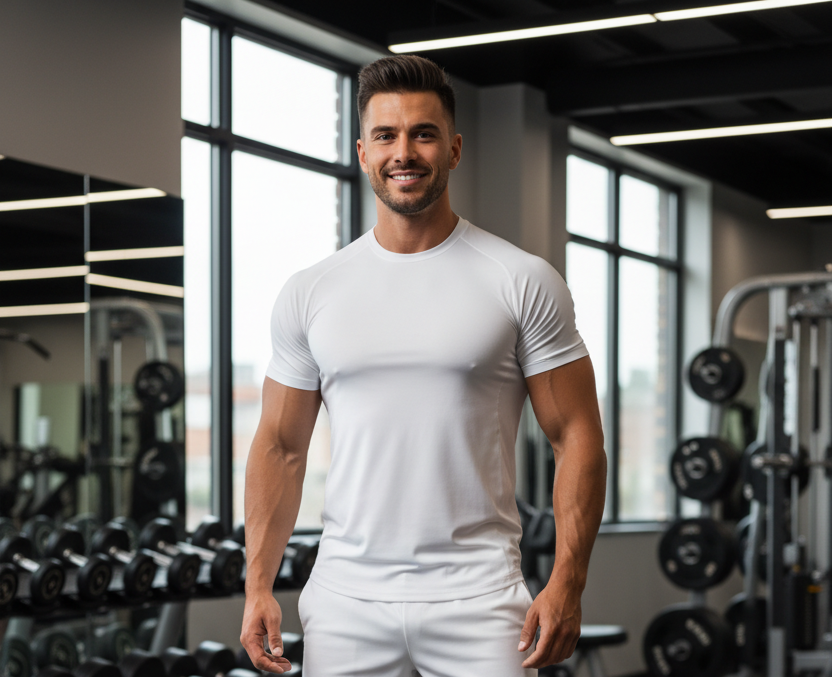 A man standing in a gym wearing a white fitted t-shirt and white shorts, with dumbbells and exercise equipment visible in the background. Text at the bottom reads 'Shop Men's Gym Clothing'.